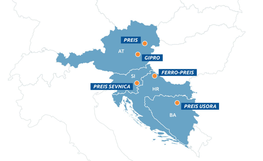 PREIS Group Karte Standorte in Österreich und im Balkan